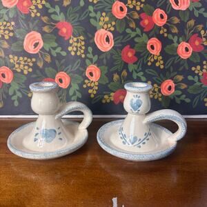 Vintage Hermitage Pottery Spongeware Cottage Heart Candle Holders – Set of 2
